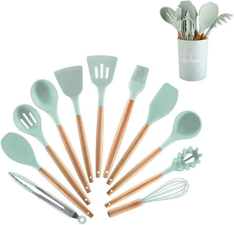 Mint Green Silicone Kitchen Cookware Set with Stand