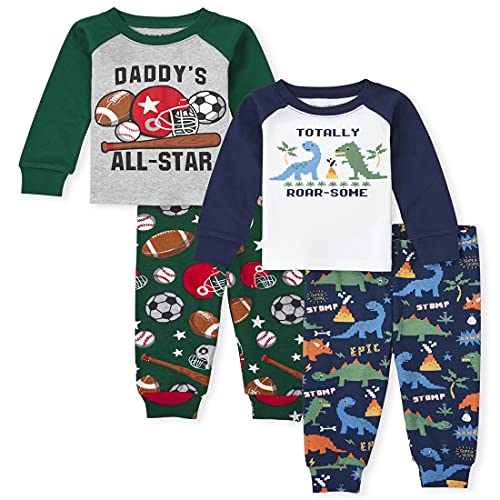 The Children s  Baby Toddler Boy Dino Sports Snug Fit Cotton 4-Piece Pajamas, Thunder Blue, 0-3 Months