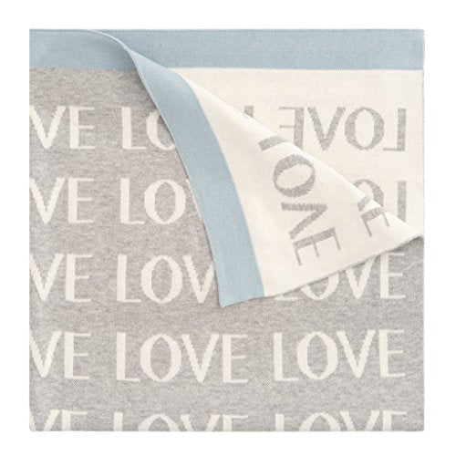 Premium 100% Cotton Knit Blanket, Grey Love with Blue Trim, 30" x 40"