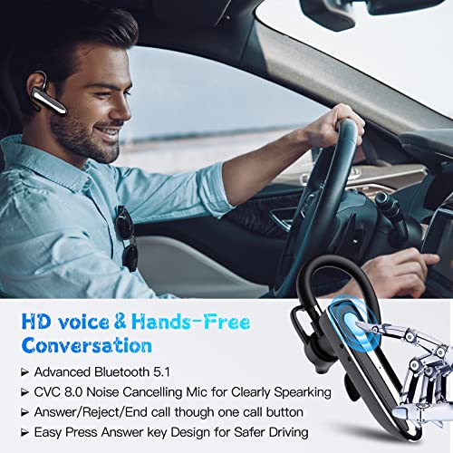 Bluetooth Headset,Wireless Bluetooth Earpiece V5.1 Hands-Free Earphones CVC 8.0 Noise Canceling with Dual-Mic for Driving/Business/Office, Compatible with iPhone and Android