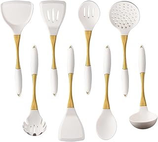 Set of 8 silicone cooking utensils with gold handles