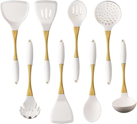 Set of 8 silicone cooking utensils with gold handles