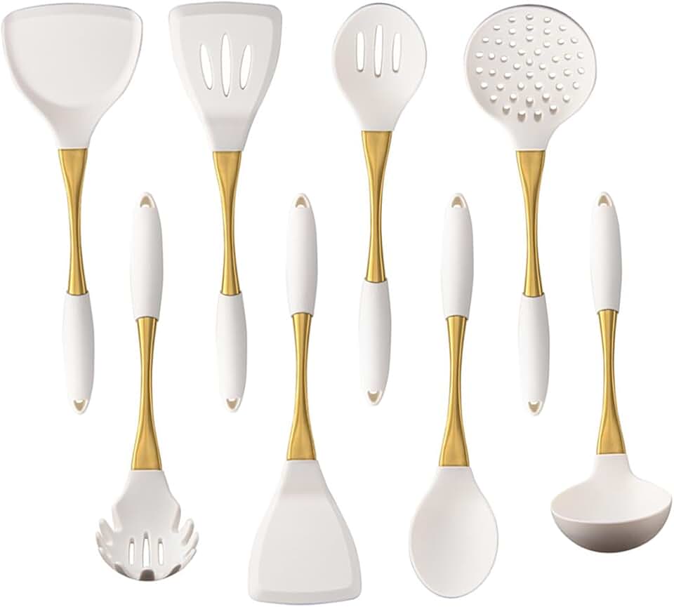 Set of 8 silicone cooking utensils with gold handles