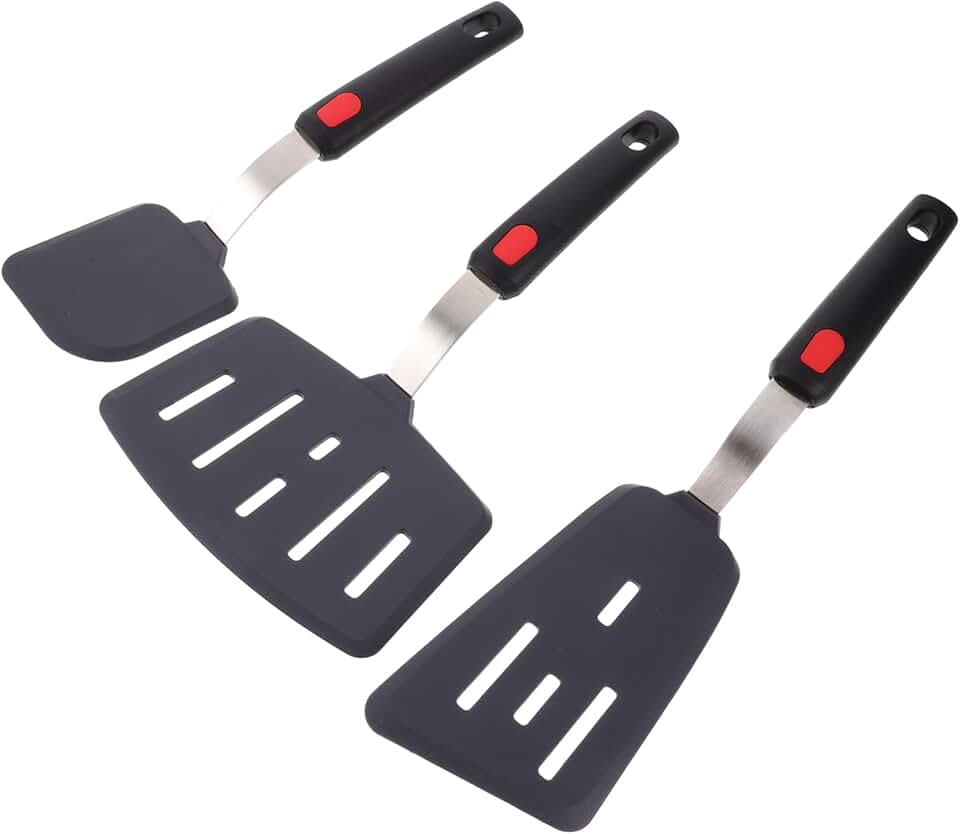 Set of three silicone cooking spatulas for frying and stirring