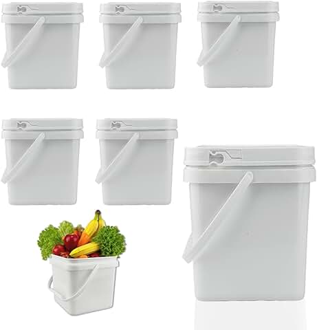 Six 2.2 Gallon Square Plastic Buckets with Lids