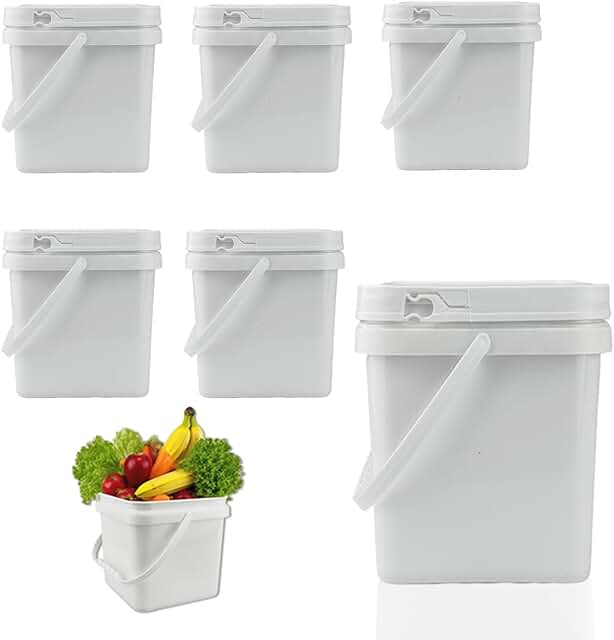 Six 2.2 Gallon Square Plastic Buckets with Lids