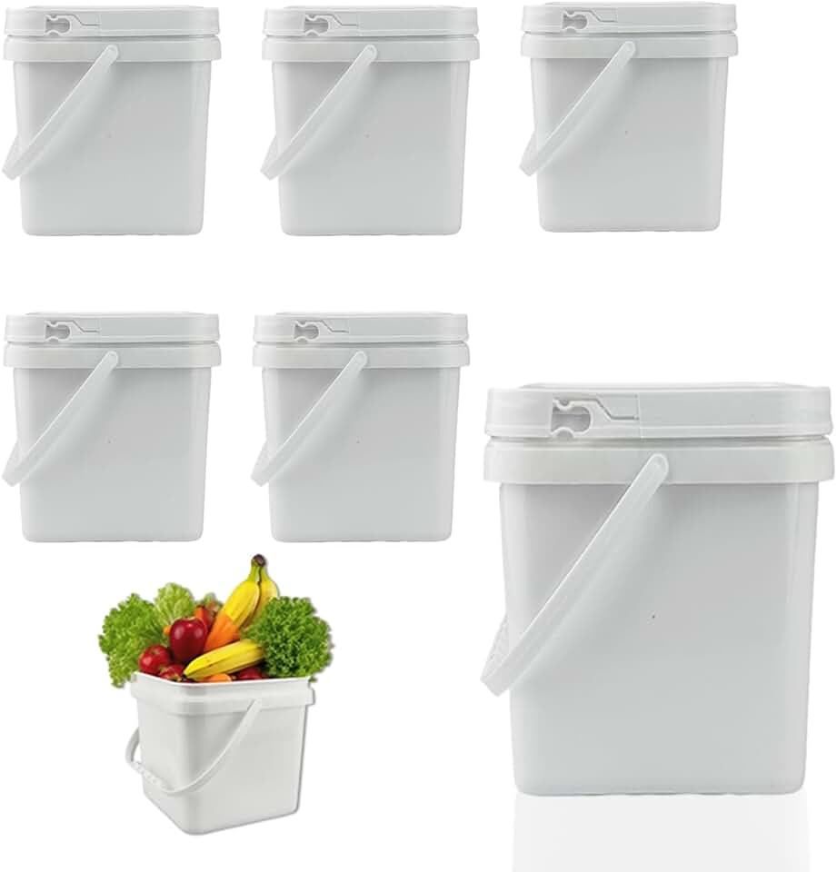 Six 2.2 Gallon Square Plastic Buckets with Lids