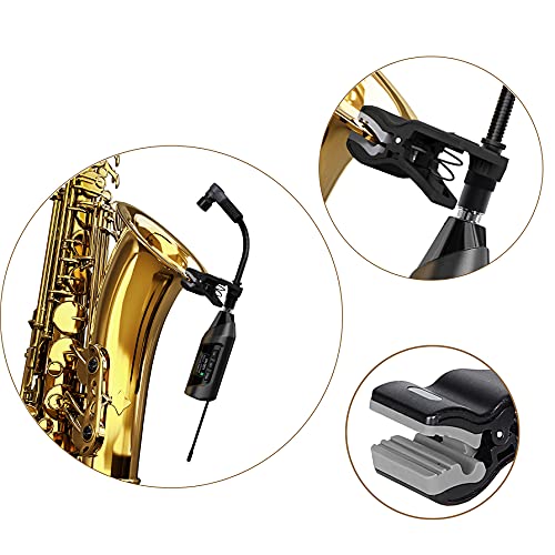 Wireless Saxophone Microphone System, Clip-On Instrument Microphone for Sax and Trumpet, Preset EQ & Level 196 Ft Transmission Rechargeable Compact Transmitter and Receiver 4.5 Hours