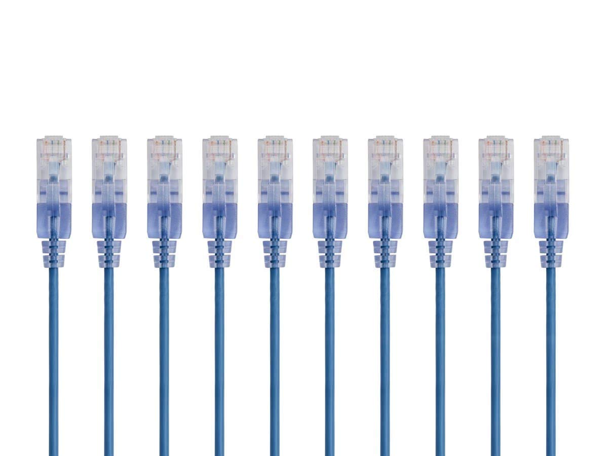 Cat6A Ethernet Patch Cable - 0.5 Feet - Blue (10 Pack) Network Internet Cord, Snagless RJ45 UTP Pure Bare Copper Wire 10G 30AWG - SlimRun Series