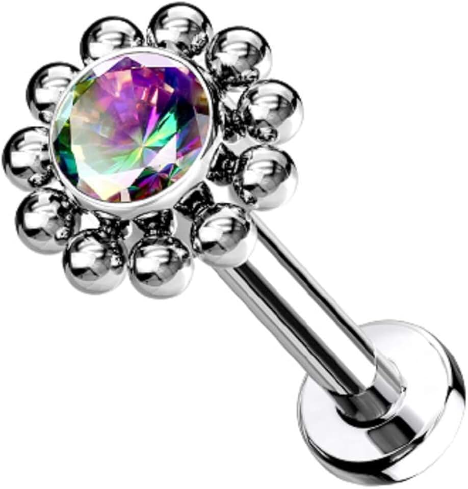 Threadless Titanium Flower Ear Stud with CZ Crystal