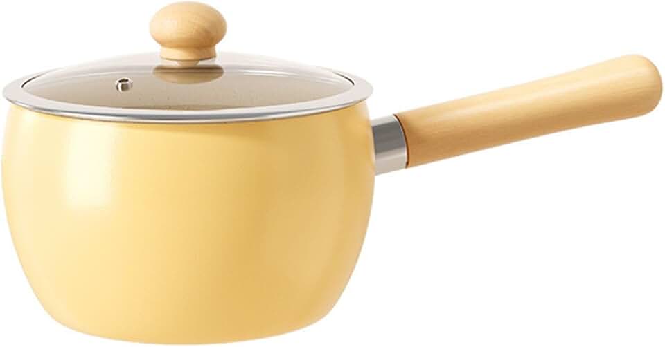 Yellow 6.3-inch ceramic-coated soup pan with lid and wooden handle