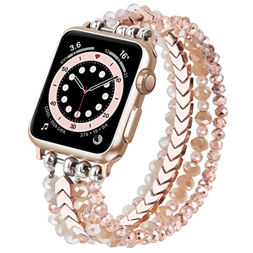 Beaded Bracelet Compatible for Apple Watch Band 40mm/38mm/41mm Series 8/7/SE/6/5/4/3/2/1 Women Fashion Handmade Elastic Stretch Strap for iWatch Bands Replacement Rose Gold