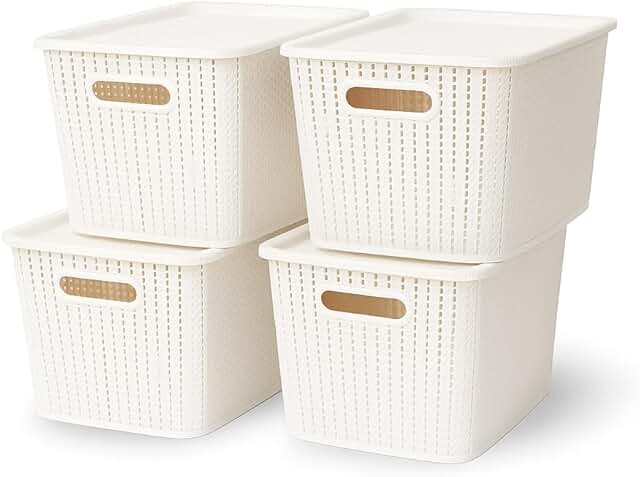 Large Rattan Style Storage Box Set with Lids and Handles
