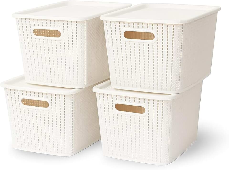 Large Rattan Style Storage Box Set with Lids and Handles