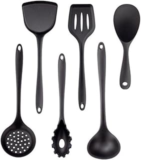 Black non-stick kitchen utensil set with spatula, ladle, and egg beater