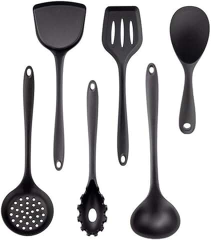 Black non-stick kitchen utensil set with spatula, ladle, and egg beater
