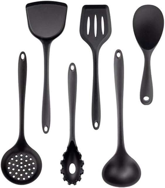 Black non-stick kitchen utensil set with spatula, ladle, and egg beater