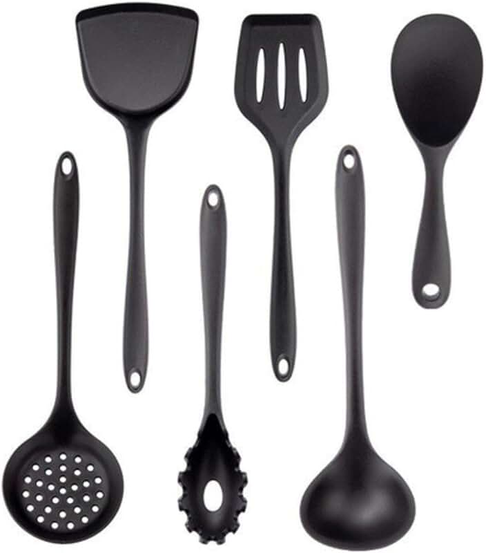 Black non-stick kitchen utensil set with spatula, ladle, and egg beater