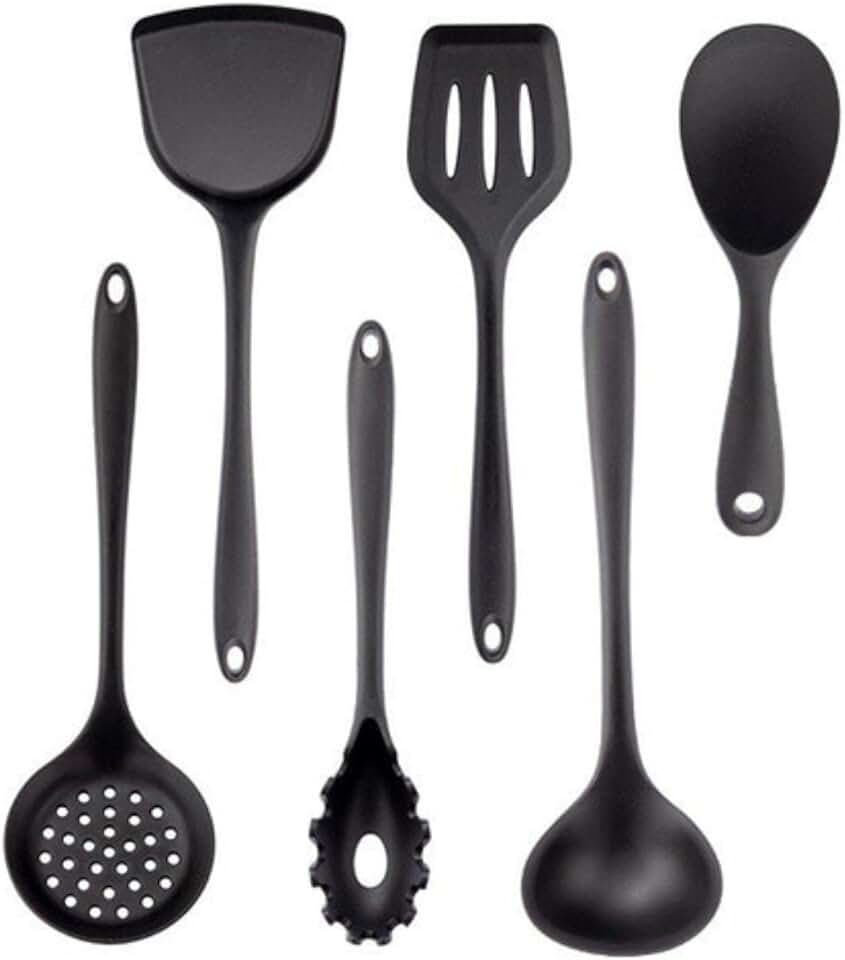 Black non-stick kitchen utensil set with spatula, ladle, and egg beater