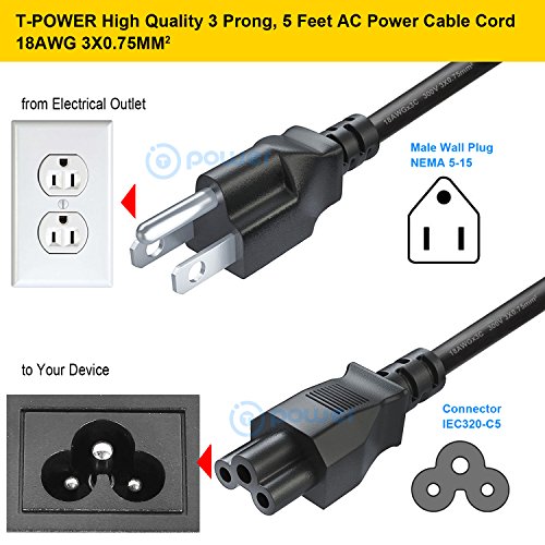 (5FT) Long 3 Prong TV Cord Compatible with LG LED LCD Smart 1080p HDTV 32LB5600 42LN5400 42LB5600 42LN5700 42LN5300 47LB5800 50LB5900 55LB5900 Heavy Duty AC Wall Plug Cable