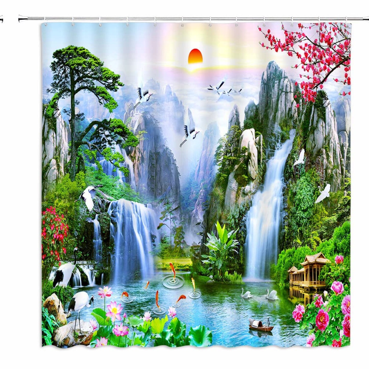 Waterfall Forest Birds Flower Tree Shower Curtain 70x70