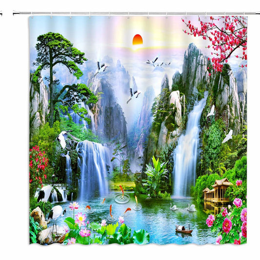 Waterfall Forest Birds Flower Tree Shower Curtain 70x70