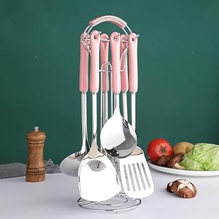 7-Piece Pink Stainless Steel Cooking Utensil Set with Holder