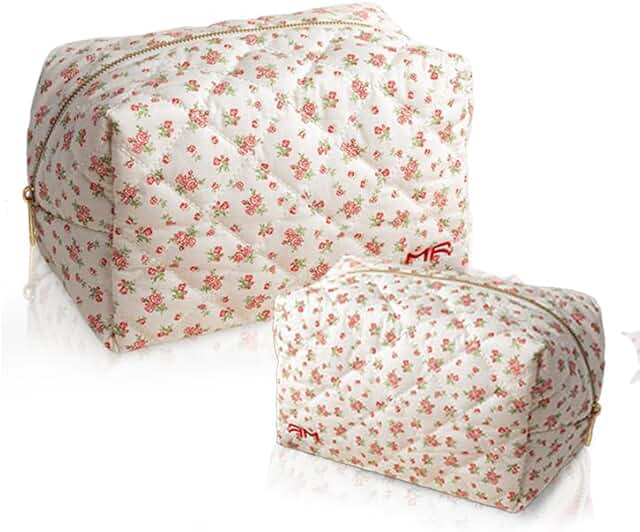 Two-Piece Cotton Quilted Makeup and Toiletry Bag Set