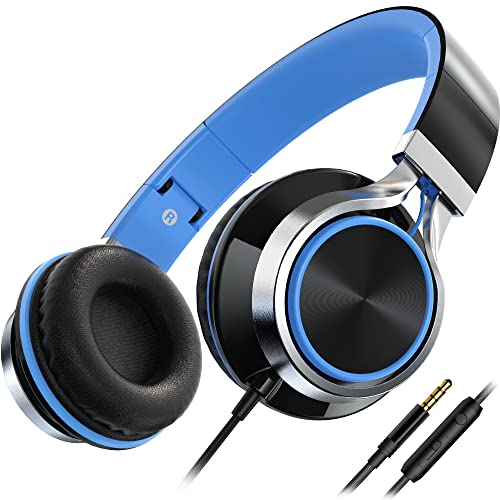 C8 Wired Headphones with Microphone and Volume Control Folding Lightweight Headset for Cellphones Tablets Chromebook Smartphones Laptop Computer PC Mp3/4 (Black/Blue)