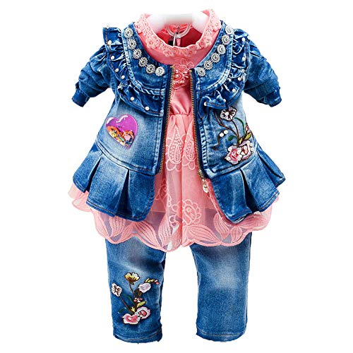 Baby&Little Girls Outfits 3pcs Sets Denim Jacket Long Sleeve Lace Skirt and Jeans (1-2Y, Orange)