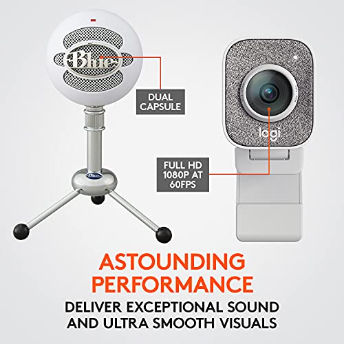 StreamCam Premium Webcam, Full HD 1080p 60 fps, Premium Glass Lens, Smart Auto-Focus, White and Blue Snowball USB Microphone - Textured White