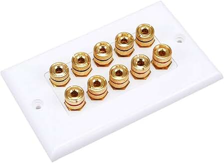 White two-piece banana binding post wall plate for five speakers