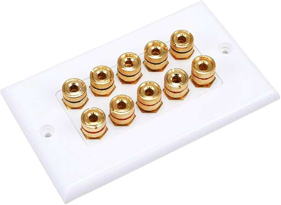 White two-piece banana binding post wall plate for five speakers