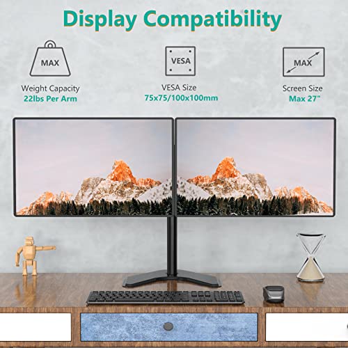 Dual Monitor Stand, Free Standing Desk Mount for 2 Monitors up to 27 inch, 22 lbs. Weight Capacity per Arm, Fully Adjustable with Max VESA 100x100mm (MF002), Black