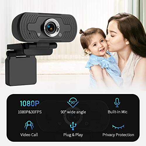 1080P Webcam with Microphone & Privacy Cover, Full HD Webcam for Computers PC Laptop, USB Plug and Play, Study Video Teaching, Work from Home Webcam Skype, Wide Angle Lens & Large Sensor