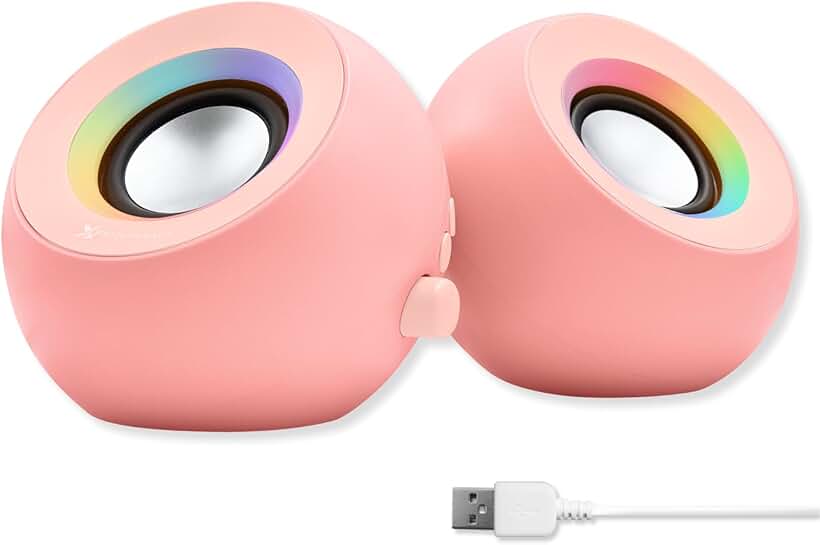 Pink desktop computer speakers with RGB, Bluetooth, USB, AUX