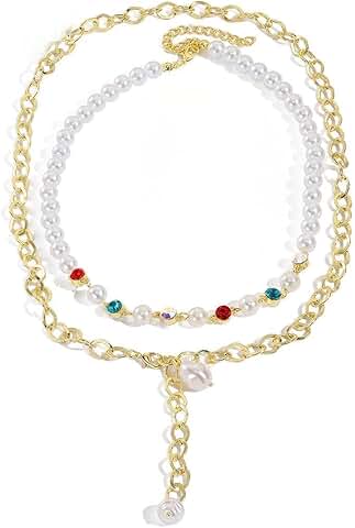 Double-layer pearl pendant necklace with colorful beads