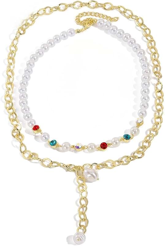 Double-layer pearl pendant necklace with colorful beads