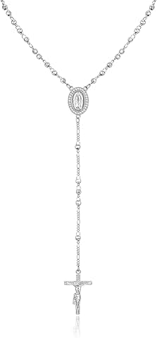 Long gold plated silver rosary necklace with cross for women
