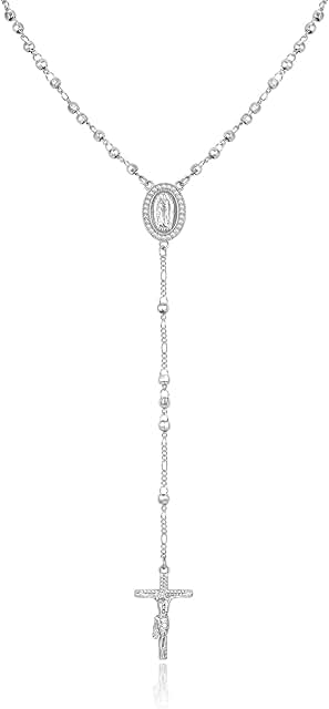 Long gold plated silver rosary necklace with cross for women