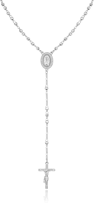 Long gold plated silver rosary necklace with cross for women