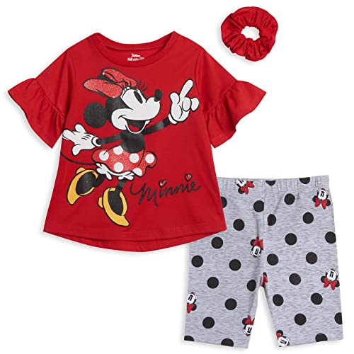 Minnie Mouse Toddler Girls 3 Piece Outfit Set: T-Shirt Shorts Scrunchy Red / Grey 3T