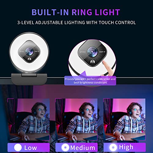 1080P Webcam with Ring Light and Dual Microphone, Advanced Auto-Focus, Adjustable Brightness, 2021 Streaming Web Camera for Zoom Skype YouTube, PC Mac Laptop Desktop
