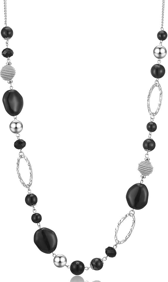 Beaded Silver Long Necklace with Crystal Resin Beads