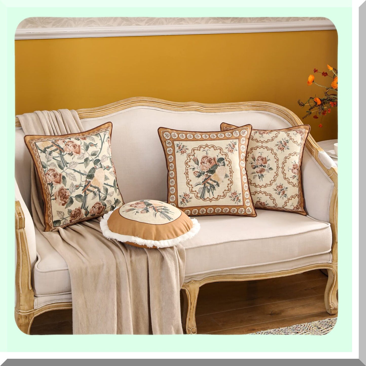 Vintage Bird Rose Linen Pillowcase Set - Decorative Floral Throw Pillow Covers for Couch, Bedroom, Living Room, Outdoor - Set of 4 Brown Yellow Cushion Cover for Car Cafe