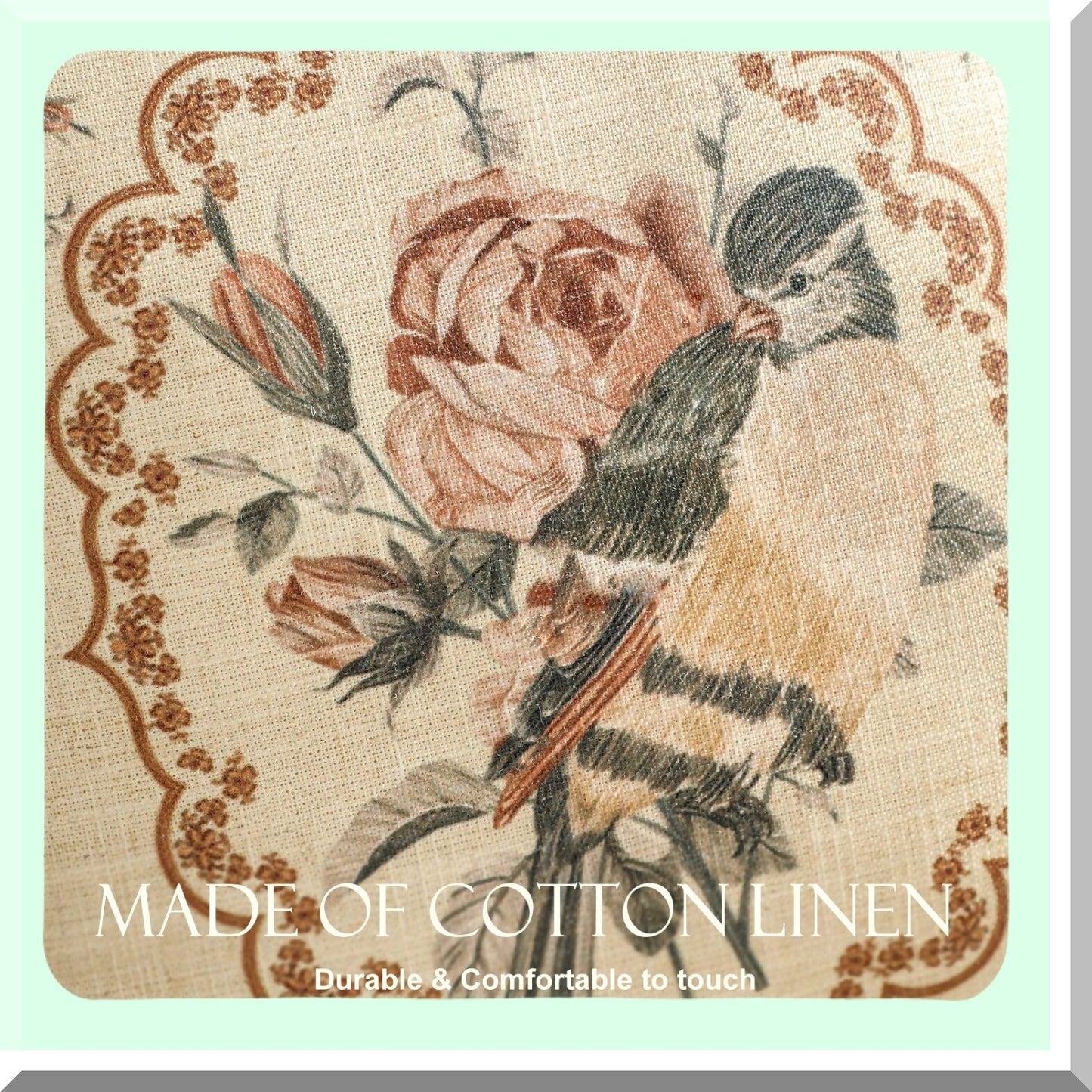Vintage Bird Rose Linen Pillowcase Set - Decorative Floral Throw Pillow Covers for Couch, Bedroom, Living Room, Outdoor - Set of 4 Brown Yellow Cushion Cover for Car Cafe