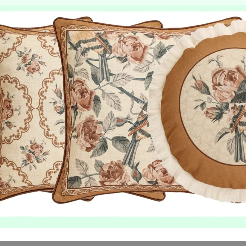 Vintage Bird Rose Linen Pillowcase Set - Decorative Floral Throw Pillow Covers for Couch, Bedroom, Living Room, Outdoor - Set of 4 Brown Yellow Cushion Cover for Car Cafe