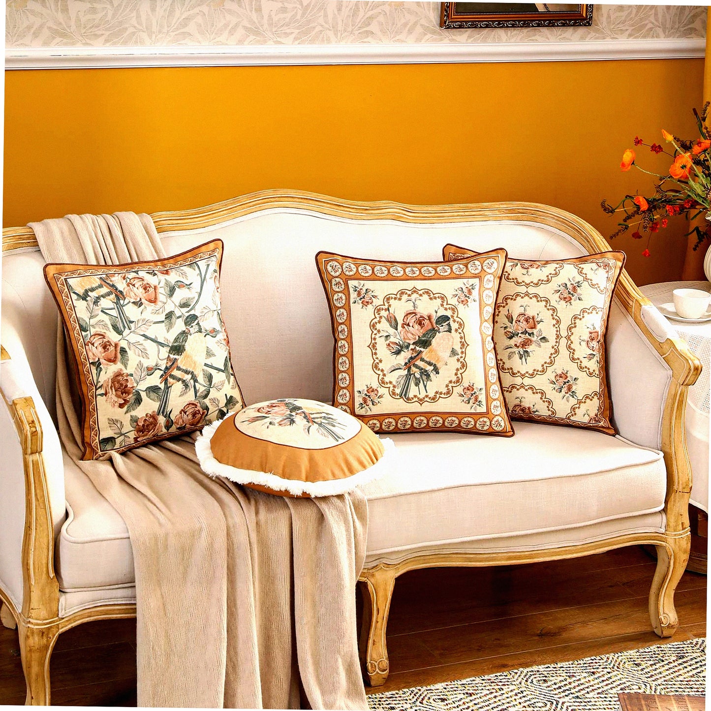 Vintage Bird Rose Linen Pillowcase Set - Decorative Floral Throw Pillow Covers for Couch, Bedroom, Living Room, Outdoor - Set of 4 Brown Yellow Cushion Cover for Car Cafe