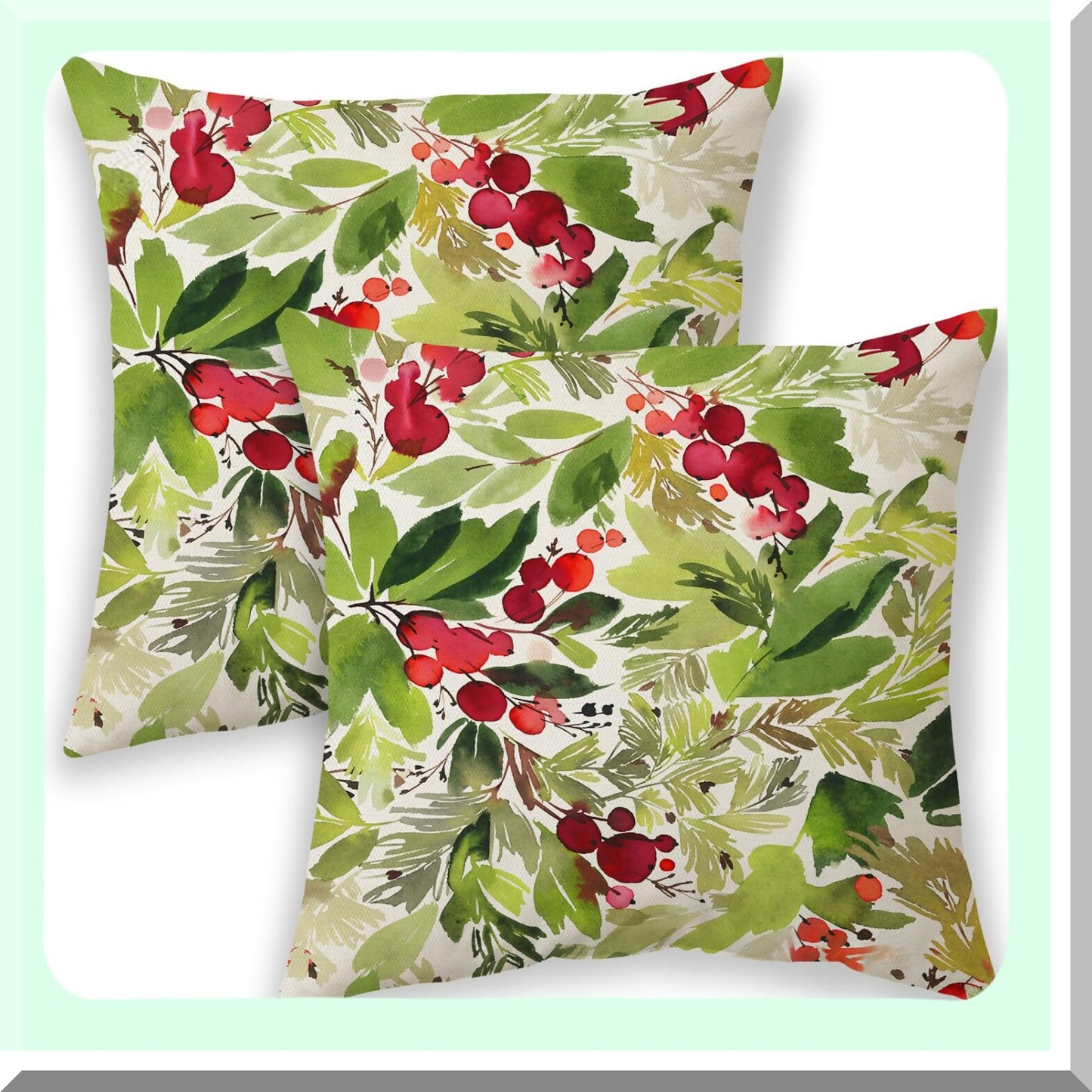 Winter Holly Farmhouse Pillow Covers - Set of 2 Watercolor Green Xmas Decor Cushion Cover 16x16 - Outdoor Decorative Throw Pillows for Couch, Bed, Car, Sofa - Linen Pillowcase