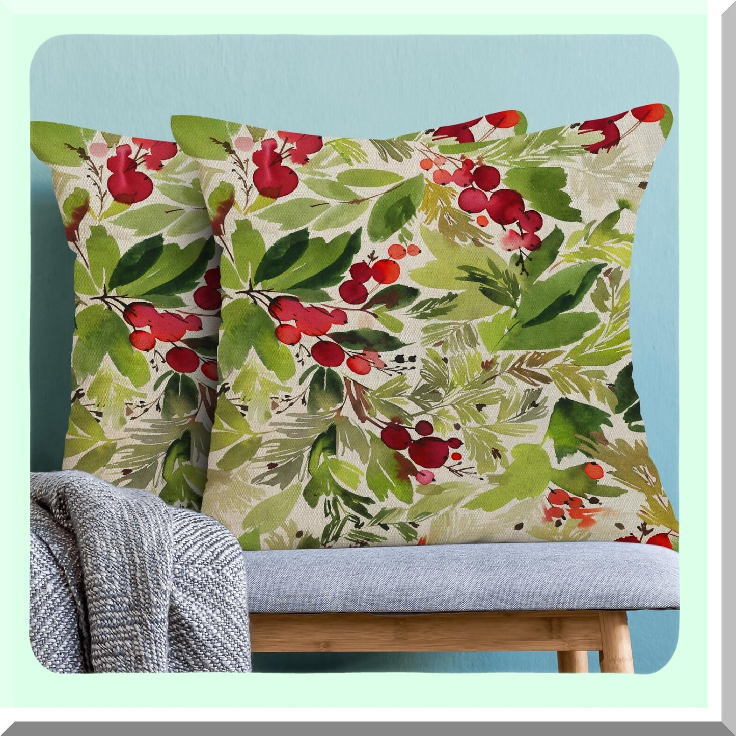 Winter Holly Farmhouse Pillow Covers - Set of 2 Watercolor Green Xmas Decor Cushion Cover 16x16 - Outdoor Decorative Throw Pillows for Couch, Bed, Car, Sofa - Linen Pillowcase